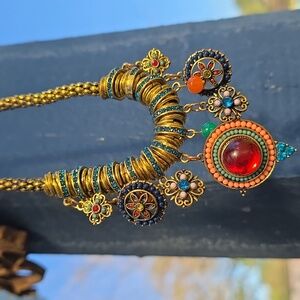 Sweet Ballotini Goldtone Red Coral Blue Turqouise Pendant Necklace